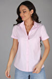 SWEETNESS Kadın Pembe Kısa Kol Likralı Pamuklu Klasik Gömlek 