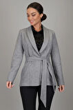 SWEETNESS Kadın Gri Diyagonal Desenli  Kemerli Astarsız Ceket 