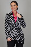 SWEETNESS Kadın Siyah Gri Zebra Desenli Kemerli Astarsız Ceket 