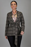 Sweetness Kadın Bej Siyah Kemer Detaylı Ekose Ceket