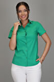 SWEETNESS Kadın Koyu Yeşil Likralı Kısa Kol Pamuklu Klasik Gömlek 