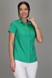 SWEETNESS Kadın Koyu Yeşil Likralı Kısa Kol Pamuklu Klasik Gömlek 