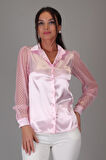 SWEETNESS Kadın Pembe Saten Tül Kollu Abiye Gömlek 