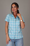 SWEETNESS Kadın Mavi Kareli Kısa Kollu Pamuklu Gömlek DK-1190