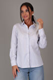SWEETNESS Kadın Mavi Çizgili Uzun Kollu Likralı Pamuklu Klasik Gömlek DK001-1
