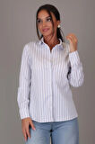 SWEETNESS Kadın Mavi Çizgili Uzun Kollu Likralı Pamuklu Klasik Gömlek DK001-1