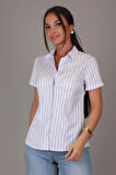SWEETNESS Kadın Mavi Çizgili Kısa Kollu Likralı Pamuklu Klasik Gömlek DK001-1