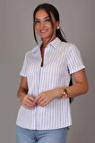 SWEETNESS Kadın Mavi Çizgili Kısa Kollu Likralı Pamuklu Klasik Gömlek DK001-1