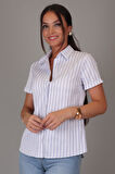 SWEETNESS Kadın Mavi Çizgili Kısa Kollu Likralı Pamuklu Klasik Gömlek DK001-1