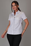 SWEETNESS Kadın Siyah Çizgili Kısa Kollu Likralı Pamuklu Klasik Gömlek DK001-3