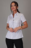 SWEETNESS Kadın Siyah Çizgili Kısa Kollu Likralı Pamuklu Klasik Gömlek DK001-3