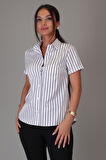SWEETNESS Kadın Siyah Çizgili Kısa Kollu Likralı Pamuklu Klasik Gömlek DK001-3