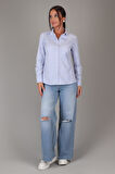SWEETNESS Kadın Mavi Çizgili Uzun Kollu Likralı Pamuklu Klasik Gömlek DK004-1