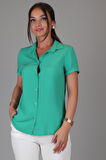 SWEETNESS Kadın Yeşil Kısa Kol Viskon Kumaş Klasik Gömlek 