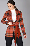 Sweetness Kadın Kiremit Kemer Detaylı Ekose Ceket