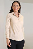 Sweetness Kadın Açık Bej Likralı Uzun Kol Pamuklu Klasik gömlek