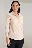 Sweetness Kadın Açık Bej Likralı Uzun Kol Pamuklu Klasik gömlek