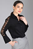 Sweetness Kadın Siyah Kolları Tül Detaylı Likralı Gömlek