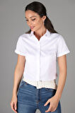 SWEETNESS Kadın Beyaz Kısa Kollu Likralı Pamuklu Klasik Gömlek 