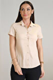 SWEETNESS Kadın Açık Bej Likralı Kısa Kol Pamuklu gömlek
