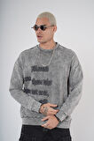 Bisiklet Yaka Yazı Nakışlı Yıkamalı Oversize Kalıp Unisex Sweatshirt
