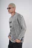Bisiklet Yaka Yazı Nakışlı Yıkamalı Oversize Kalıp Unisex Sweatshirt