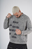 Bisiklet Yaka Yazı Nakışlı Yıkamalı Oversize Kalıp Unisex Sweatshirt