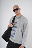 Bisiklet Yaka Yazı Nakışlı Yıkamalı Oversize Kalıp Unisex Sweatshirt