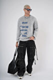 Bisiklet Yaka Yazı Nakışlı Yıkamalı Oversize Kalıp Unisex Sweatshirt