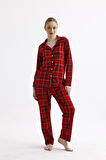 Kadın Süet Önden Düğmeli Pijama Takımı | Ekose Kırmızı