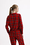 Kadın Süet Önden Düğmeli Pijama Takımı | Ekose Kırmızı