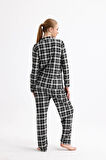 Kadın Süet Önden Düğmeli Pijama Takımı | Ekose Siyah