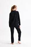 Kadın Süet Önden Düğmeli Pijama Takımı | Kalpli Siyah