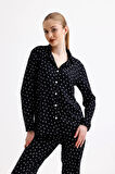 Kadın Süet Önden Düğmeli Pijama Takımı | Kalpli Siyah