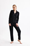Kadın Süet Önden Düğmeli Pijama Takımı | Kalpli Siyah