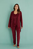 Kadın Kadife Sabahlıklı Altı Uzun 3'lü Pijama Takımı | 13402-5