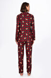 Kadın Süet Önden Düğmeli Pijama Takımı | Ayıcık Desen