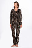Kadın Süet Önden Düğmeli Pijama Takımı | Leopar