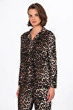 Kadın Süet Önden Düğmeli Pijama Takımı | Leopar