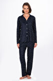 Kadın Süet Önden Düğmeli Pijama Takımı | Kalpli Lacivert
