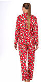 Lizbon Kumaş İçi Şardonlu Kırmızı Kış Desenli Önden Düğmeli Kadın Pijama Takımı