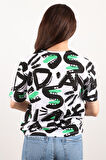 Kadın Baskılı Bisiklet Yaka Oversize T-shirt