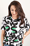 Kadın Baskılı Bisiklet Yaka Oversize T-shirt