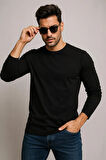 Erkek Bisiklet Yaka Siyah Body %100 Pamuk Uzun Kollu Tişörtt