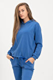 Kadın Kapüşonlu Mavi Sweatshirt Ve Eşofman Takımı Scuba Kumaşı