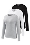 Kadın 3'lü Basic Uzun Kollu Tişört Sporcu Body T-shirt Ekonomik Paket