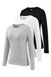 Kadın 3'lü Basic Uzun Kollu Tişört Sporcu Body T-shirt Ekonomik Paket