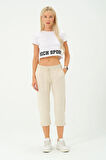 Kadın Capri Beli Lastikli Rahat Kesim Günlük Düz Ekru Kapri Pantolon