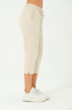 Kadın Capri Beli Lastikli Rahat Kesim Günlük Düz Ekru Kapri Pantolon