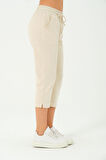 Kadın Capri Beli Lastikli Rahat Kesim Günlük Düz Ekru Kapri Pantolon